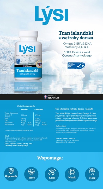 Tran Lýsi islandzki kapsułki OMEGA 3 witaminy A D E 500 mg 120 kapsułek