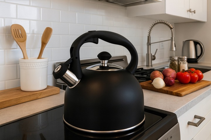 CZAJNIK INDUKCJA GAZ Z GWIZDKIEM TRADYCYJNY CZARNY MATOWY POJEMNY 2,5 L