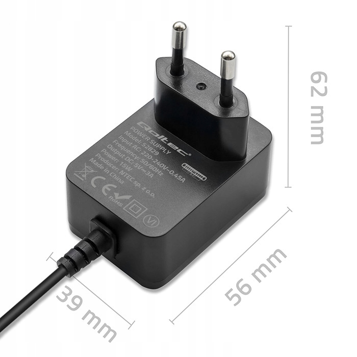 Qoltec Ładowarka Super FAST PD do Raspberry PI 4 USB-C 15W 5V 3A Czarna