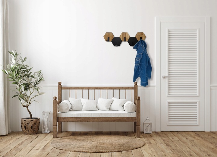 Wieszak ścienny do przedpokoju na ubrania na sciane drewniany Hexagon