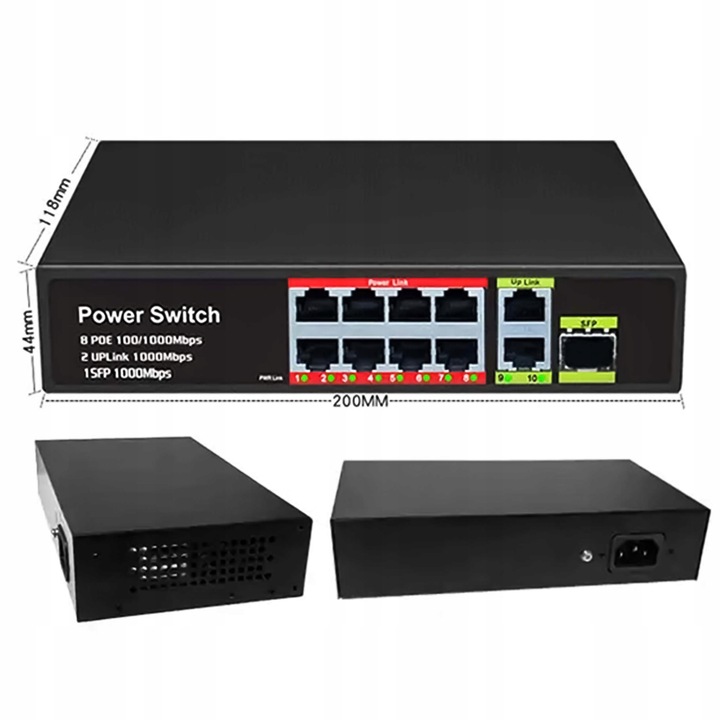 Switch POE 8+2 8xPOE 2xUplink 10/100Mbps PoE+ do Kamer + funkcja EXTEND