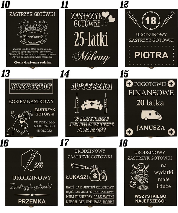 Zastrzyk gotówki prezent na urodziny 18 30 40 50 60 śmieszny pudełko grawer