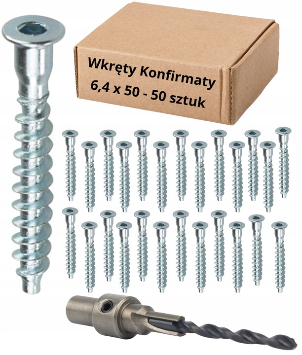 KONFIRMATY WKRĘTY DO DREWNA KONFIRMAT WKRĘT + WIERTŁO 6,4x50 mm ZESTAW
