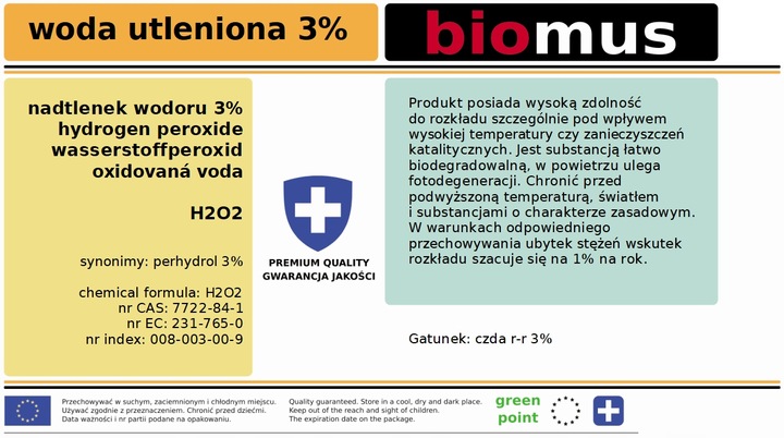 WODA UTLENIONA 3% CZDA nadtlenek wodoru Czysty Do Analizy 1L BIOMUS