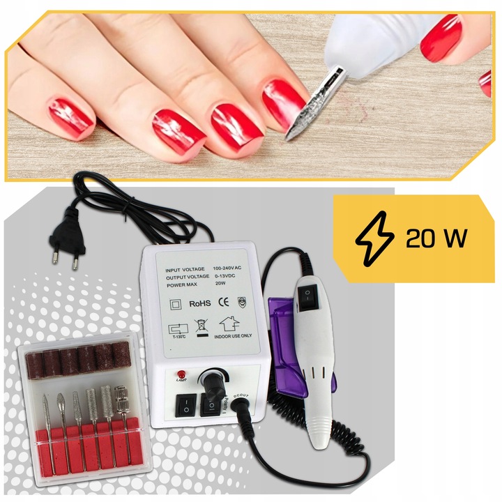 FREZARKA DO PAZNOKCI MANICURE PEDICURE PROFESJONALNA MOCNA 20W frezy zestaw