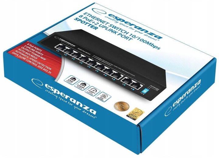 SWITCH PoE 8xPOE 2xUplink RJ45 10/100Mbps 96W EXTEND 300M + DO KAMER