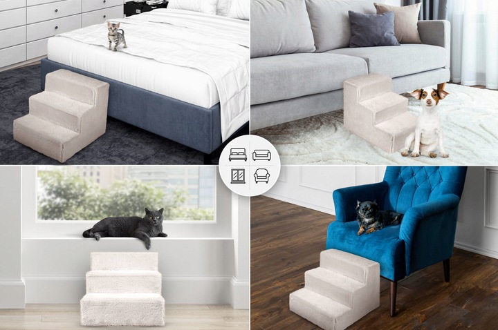 Schodki dla psa 3-stopnie tapicerowane jasnoszare podest dla psa do kanapy