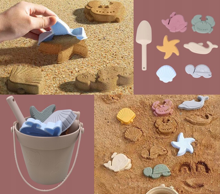 SILIKONOWE ZABAWKI DO PIASKU MIĘKKIE DO WODY NA PLAŻĘ WIADERKO FOREMKI