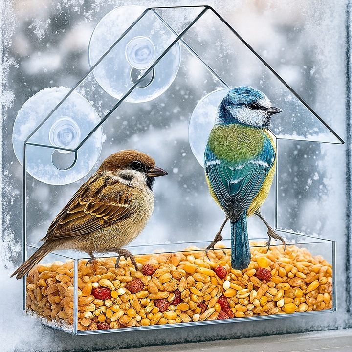 KARMNIK DLA PTAKÓW PRZEZROCZYSTY NA SZYBĘ OKNO NA ZIARNO SŁONECZNIK