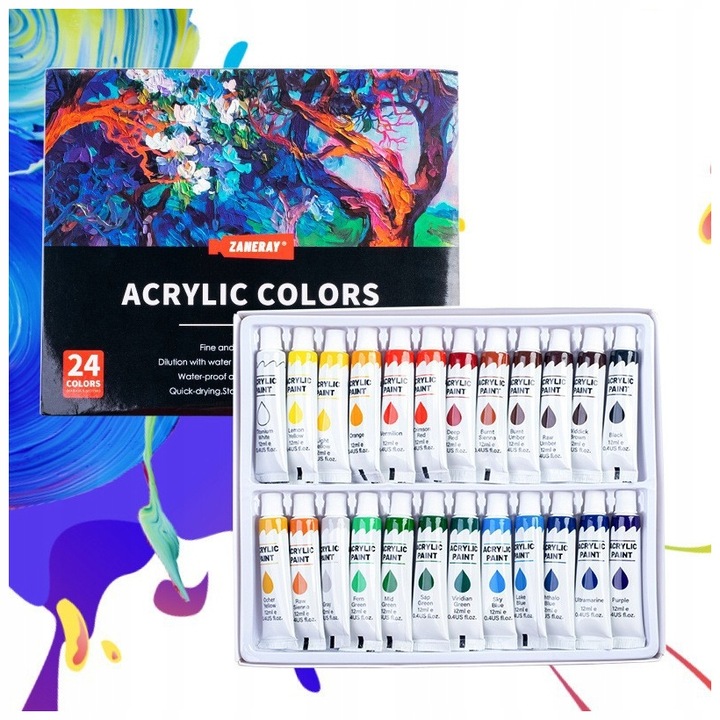 FARBY AKRYLOWE DUŻY ZESTAW FARB AKRYLOWYCH 24x12ml FARBA AKRYLOWA