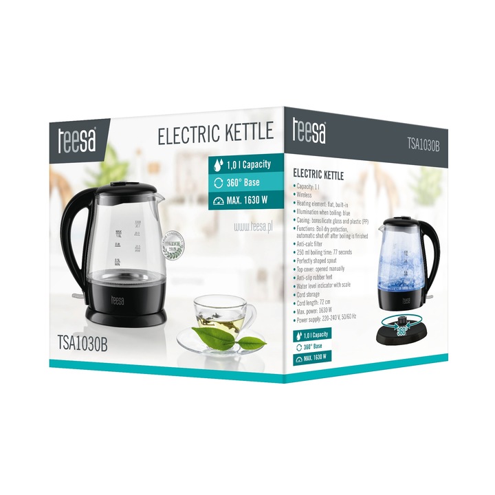 TEESA Czajnik elektryczny, szklany, 1650 W, czarny, 1 L