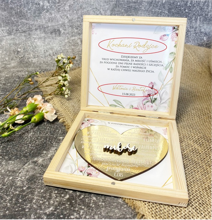 PODZIĘKOWANIE DLA RODZICÓW PUDEŁKO PREZENT ZŁOTE SERCE MAMY TATY UPOMINEK