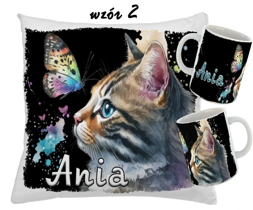 Zestaw KUBEK + PODUSZKA KOTY KOT + RÓŻNE WZORY + IMIĘ UNIKALNY WYJĄTKOWY