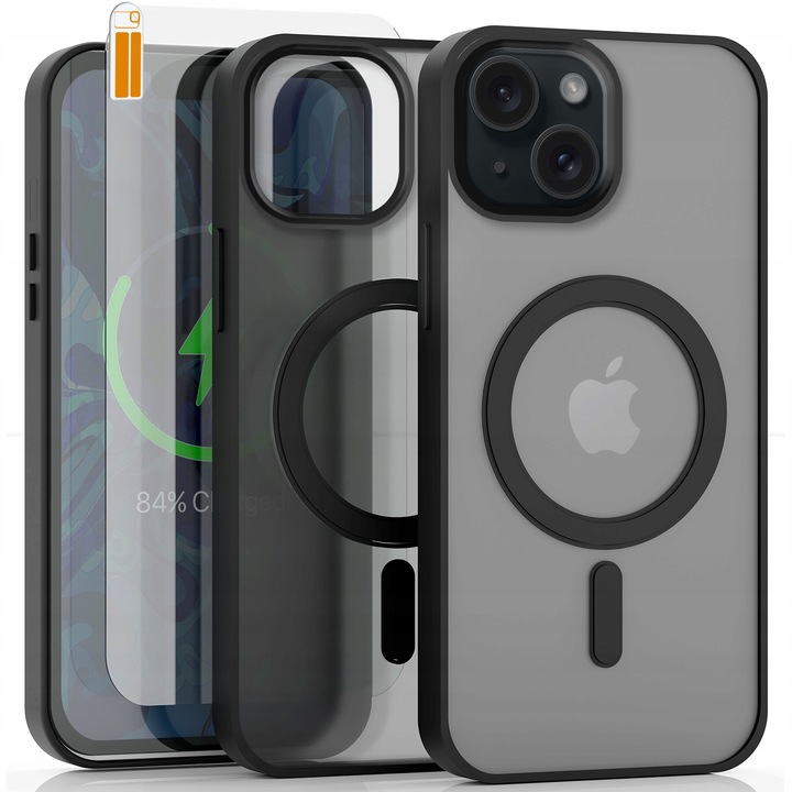 Etui Do Apple iPhone 15 (Magsafe, Czarne Matowe, Wzmacniane) +Szkło 9H 2,5D
