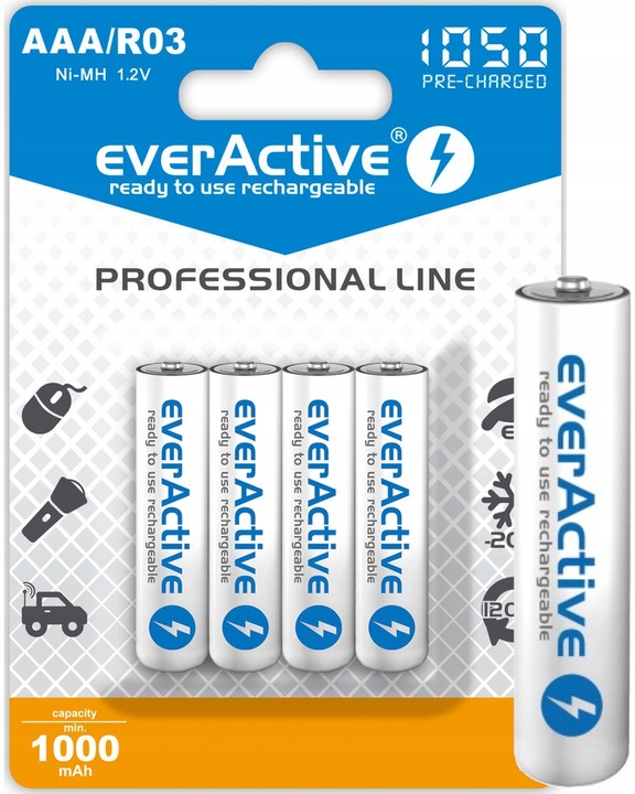 4 AKUMULATORKI BATERIE R03/AAA R3 LR03 LR3 1050 mAh NiMH everActive