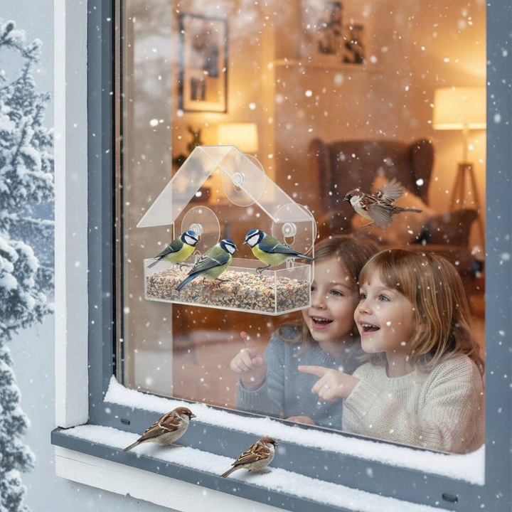 KARMNIK DLA PTAKÓW PRZEZROCZYSTY NA SZYBĘ OKNO NA ZIARNO SŁONECZNIK