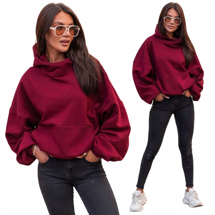 Bawełniana dresowa damska bluza z kapturem na stójce oversize bordowa