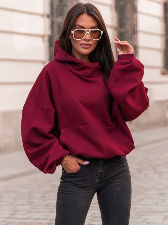 Bawełniana dresowa damska bluza z kapturem na stójce oversize bordowa