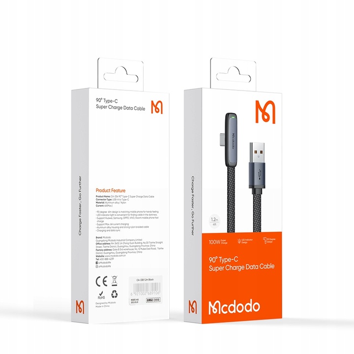 MCDODO KABEL USB-C KĄTOWY SZYBKIE ŁADOWANIE USB TYP C 6A 100W CZARNY 2M