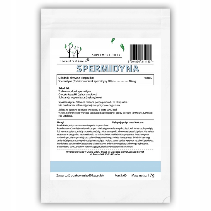 SPERMIDYNA 60 KAPS 10mg MOCNA CZYSTA SPERMIDYNE TRICHLOROWODOREK SPERMIDYNY