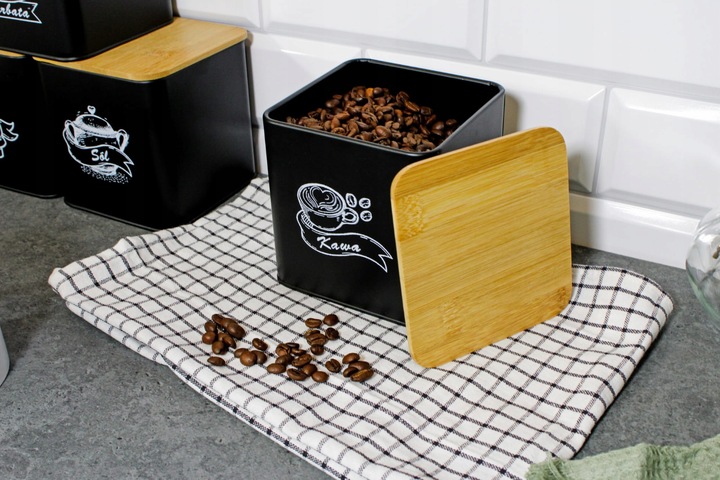 POJEMNIKI KOMPLET KAWA HERBATA CUKIER SÓL CZARNY METALOWY BAMBUS ZESTAW