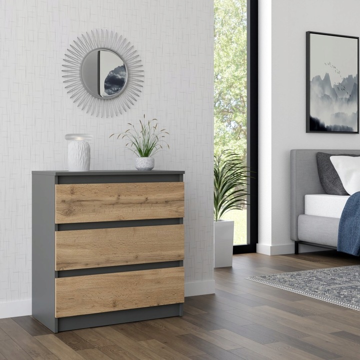 KOMODA SZAFKA ANTRACYT DĄB WOTAN 3 SZUFLADY NOWOCZESNA DO SALONU