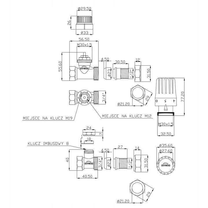 ZESTAW TERMOSTATYCZNY PROSTY ZAWÓR ZASILAJĄCY POWROTNY GŁOWICA DO