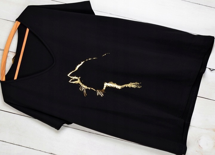T-SHIRT OVERSIZE KOSZULKA BAWEŁNA ZŁOTA APLIKACJA KOTEK V dekolt L-XXXL T15