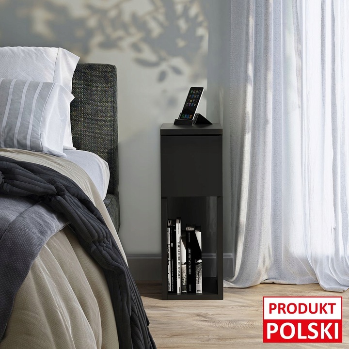 SZAFKA NOCNA CZARNA WĄSKA 20CM Z SZUFLADĄ I PÓŁKĄ LOFT STOLIK NOCNY