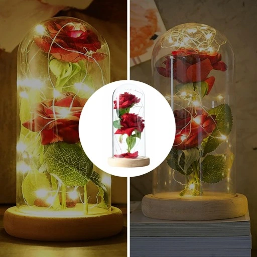 WIECZNA RÓŻA W SZKLE ŚWIECĄCA LED PREZENT PUDEŁKO NA WALENTYNKI DZIEŃ BABCI