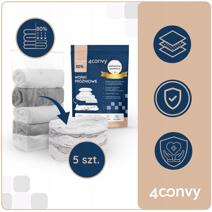 4CONVY 5x Worek próżniowy na pościel kołdrę ubrania 80x100x30 kostka duża
