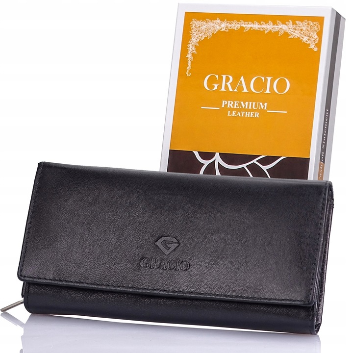 Portfel Damski Czarny Skóra Naturalna Gracio Duży Pojemny PREZENT