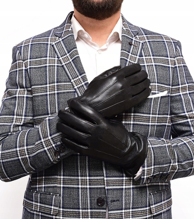 RĘKAWICZKI SKÓRZANE MĘSKIE CZARNE OCIEPLANE SKÓRA