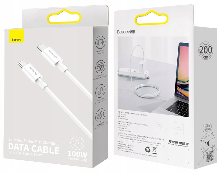 BASEUS MOCNY KABEL USB-C SZYBKIE ŁADOWANIE PRZEWÓD TYP-C PD 100W 5A QC 2M