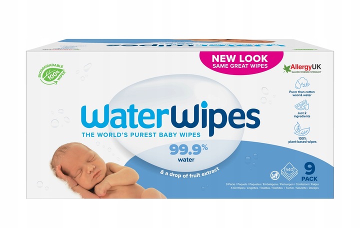 WATERWIPES NAWILŻANE MOKRE DLA DZIECI 540 SZTUK 99,9% WODY