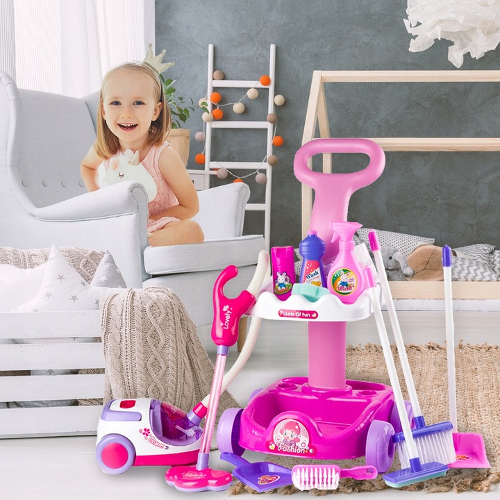 ZESTAW DO SPRZĄTANIA NA WÓZKU Z ODKURZACZEM DŹWIĘK SZCZOTKA MOP DLA DZIECI