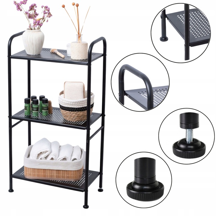 Regał łazienkowy metalowy czarny słupek szafka 3 półki do łazienki
