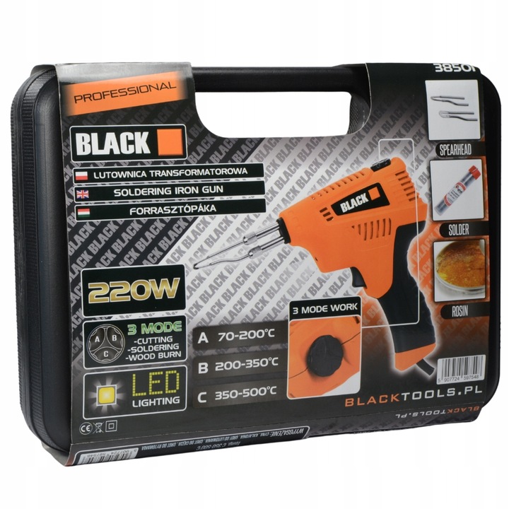 LUTOWNICA TRANSFORMATOROWA 220W 500°C 3TRYBY TEMP. WALIZKA CYNA GROTY LED