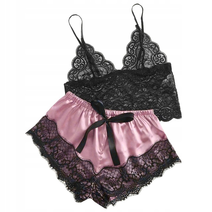 SATYNOWY KOMPLET SEXY BIELIZNA PIŻAMA TOP KOSZULKA NOCNA KORONKA SPODENKI