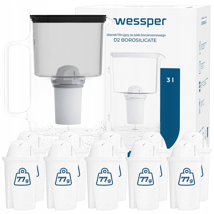 Dzbanek filtrujący szklany Wessper 3l Czarny + 10x Filtr aquaclassic