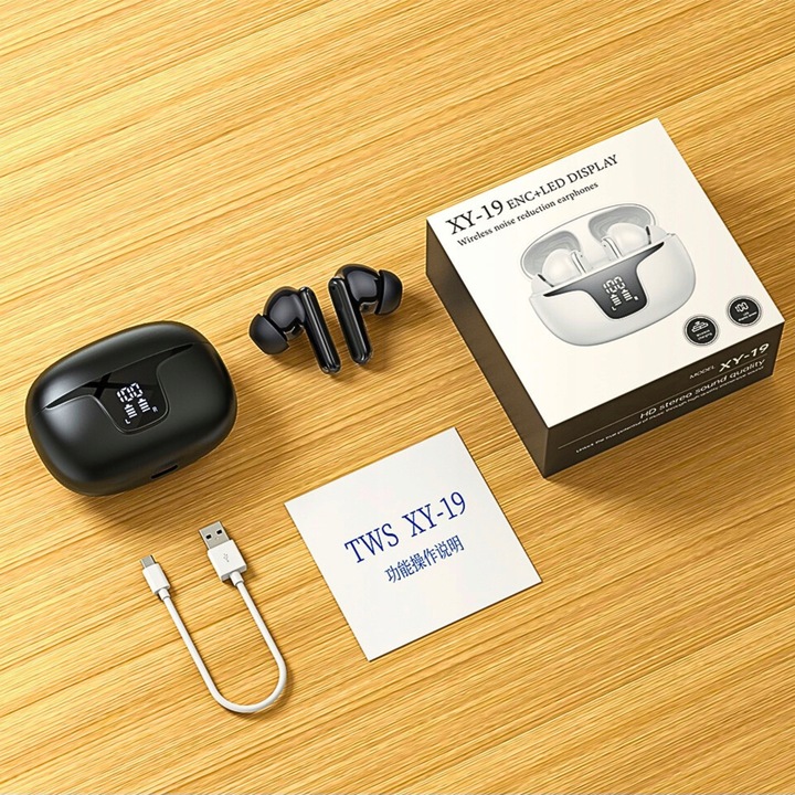 SŁUCHAWKI BEZPRZEWODOWE douszne TWS XY19 WODOODPORNE 2 mikrofony LED EKRAN