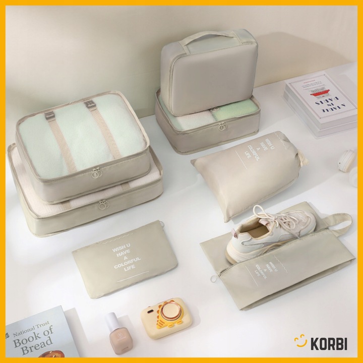 ZESTAW ORGANIZERÓW ORGANIZER PODRÓŻNY WALIZKI SZAFY UBRAŃ KOMPLET 8szt BEŻ