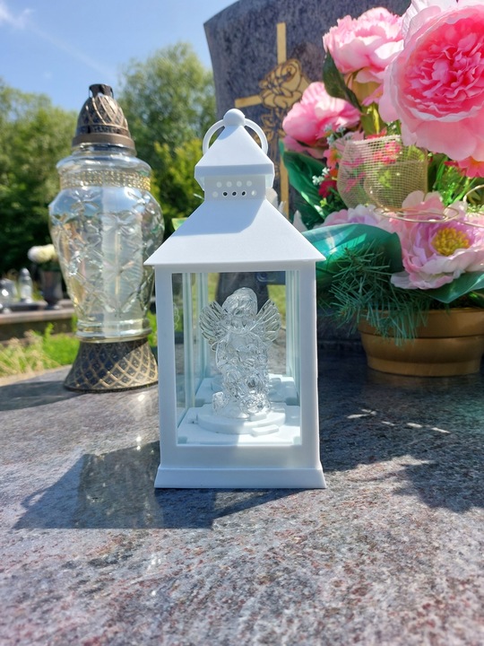LAMPION Z ANIOŁKIEM ŚWIECĄCY NA BATERIE R6 LATARENKA BIAŁY ANIOŁ ZNICZ