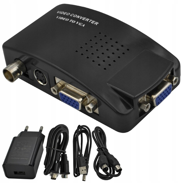 KONWERTER SYGNAŁU WIDEO S-VIDEO BNC AV VGA DO VGA Z PRZEWODAMI GRATIS