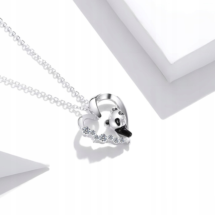 Srebrny Naszyjnik 925 Serduszko z Pandą Serce z Cyrkoniami bff Panda SREBRO