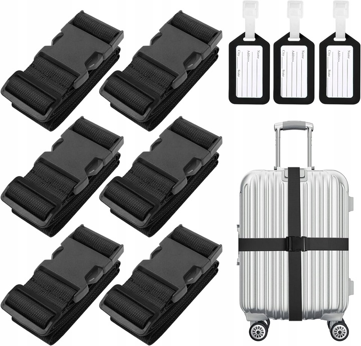PAS ZABEZPIECZAJĄCY do WALIZKI BAGAŻU CZARNY torby spinający pasy 6szt + za