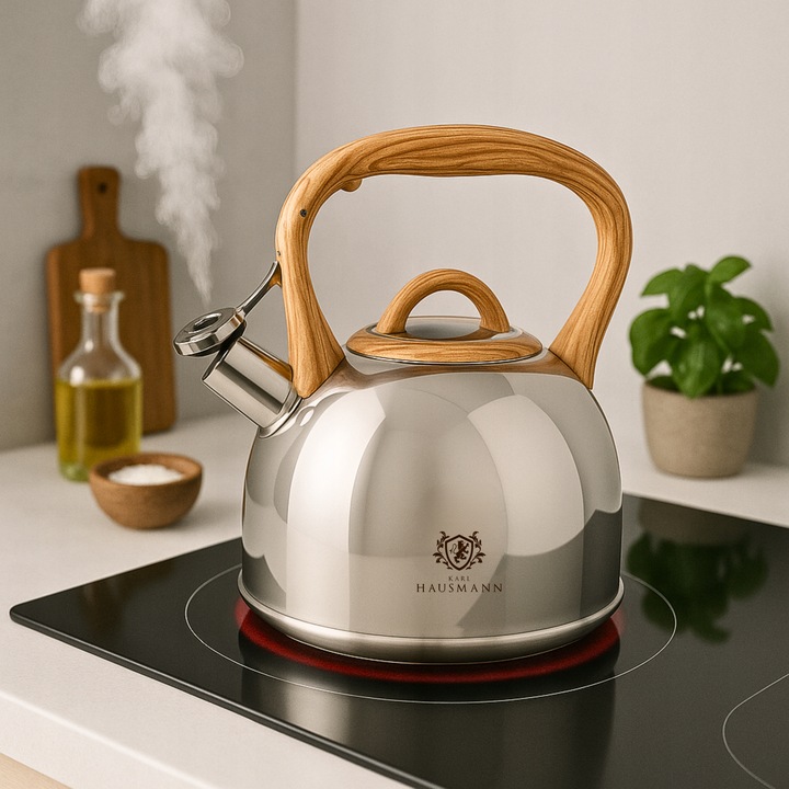 CZAJNIK STALOWY GAZ 3l SZARO KREMOWY z GWIZDKIEM DREWNIANA RĄCZKA