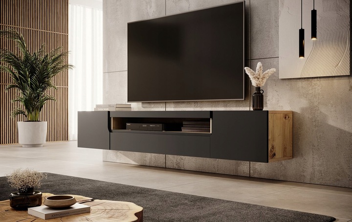 Szafka RTV czarna mat+dąb Artisan Wisząca i stojąca Odyn