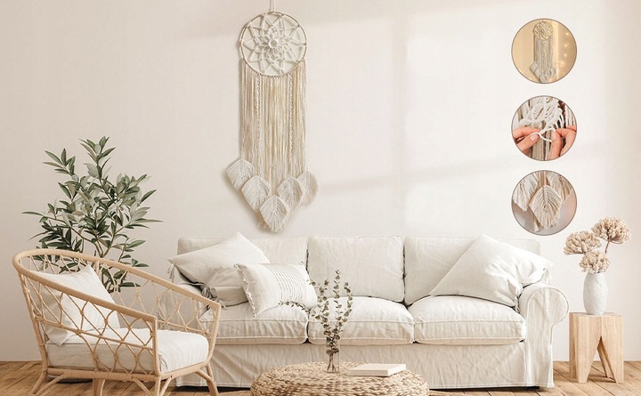 MAKRAMA NA ŚCIANĘ BOHO ŁAPACZ SNÓW OZDOBA ŚCIENNA ZE SZNURKA LIŚCIE OZDOBNE