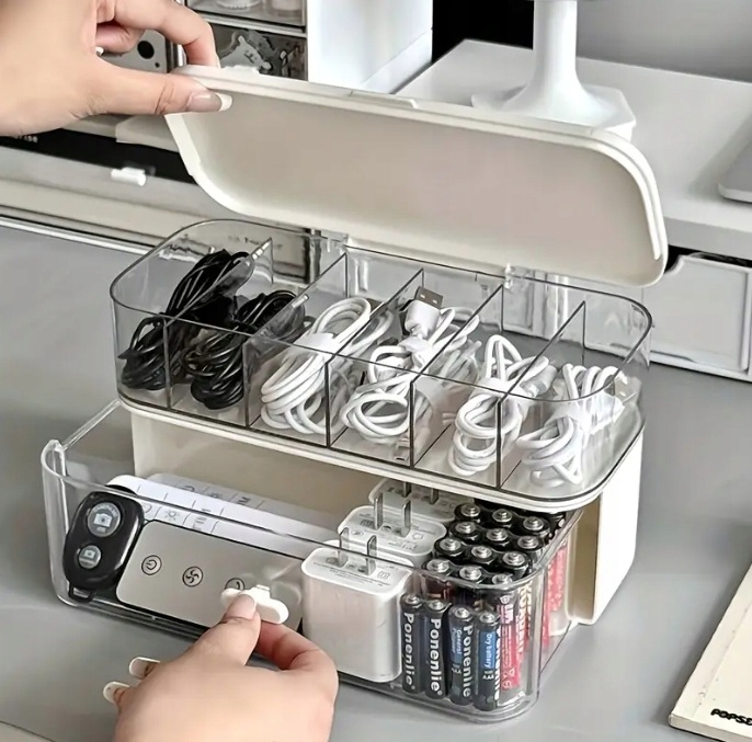 ORGANIZER PUDEŁKO POJEMNIK NA ŁADOWARKI BATERIE SŁUCHAWKI PRZEWODY